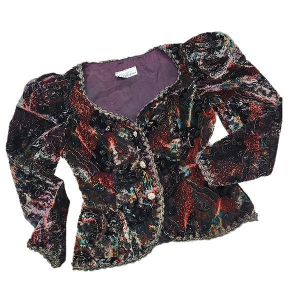 80s VINTAGE SHUET YOUNG For HW, Black Floral Velour Teddy Jacket, US Women's 6 - Picture 12 of 12